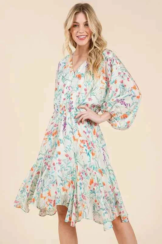 Lime and Chili Dress with Cinched Waist and Balloon Sleeves