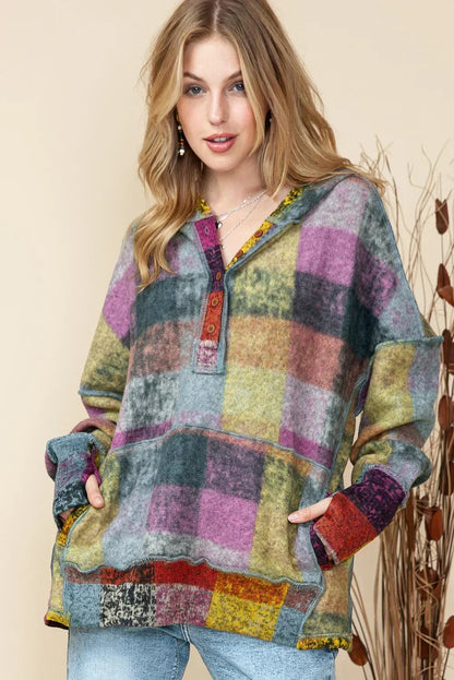 Plaid Henley Hoodie – Kangaroo Pocket & Thumbholes | Femstylo