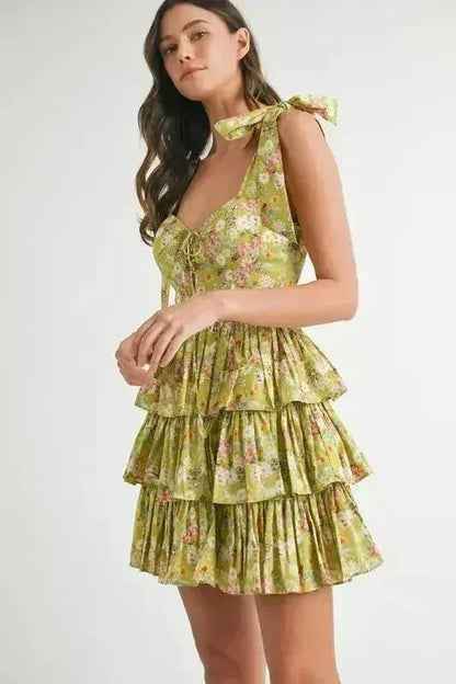MABLE Floral Mini Dress – Adjustable Shoulder Tie Layered Design
