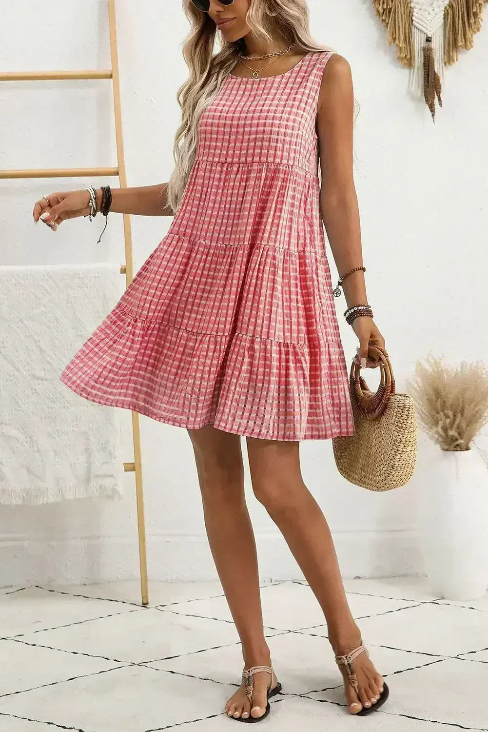 Light Blue Gingham High Waist Sleeveless Mini Dress