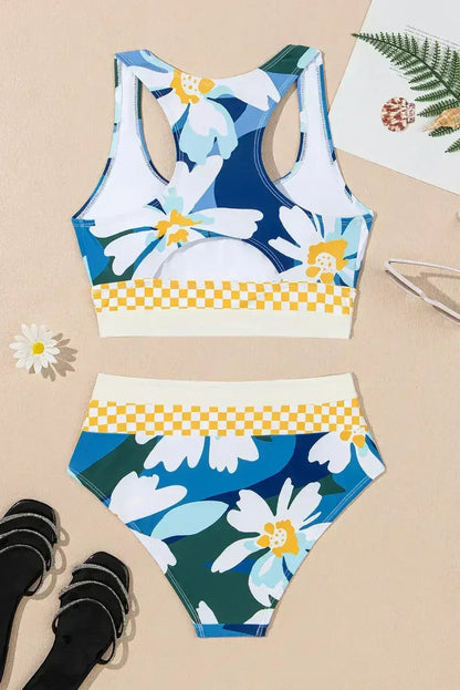 Green Floral Print Racerback High Waist Bikini Swimwear