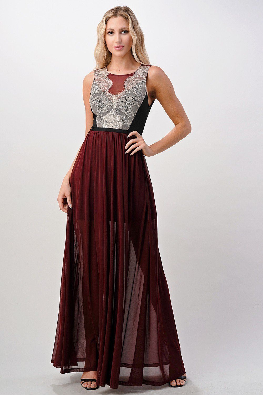 Elegant Sheer Maxi Dress with Lace Bodice and Flowing Skirt | Apparel | Kitchen + Metal