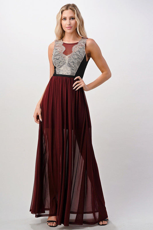 Elegant Sheer Maxi Dress with Lace Bodice and Flowing Skirt | Apparel | Kitchen + Metal