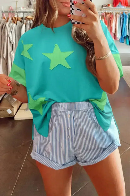 Aruba Blue Frayed Star Patched 4th of July Oversize T Shirt