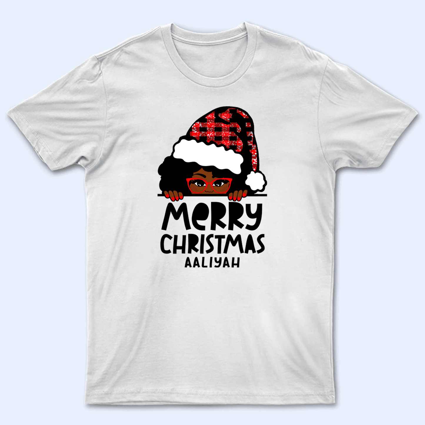 Afro Haired Girl with Glasses Merry Christmas - Personalized Design - Christmas Holiday Gift For African American, King, Queen, Girl, Men, Women