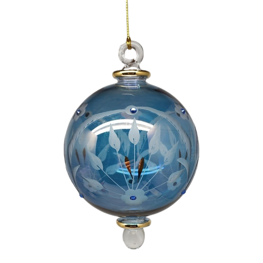 Etched Blown Glass Ball with Crystal Accents - Blue