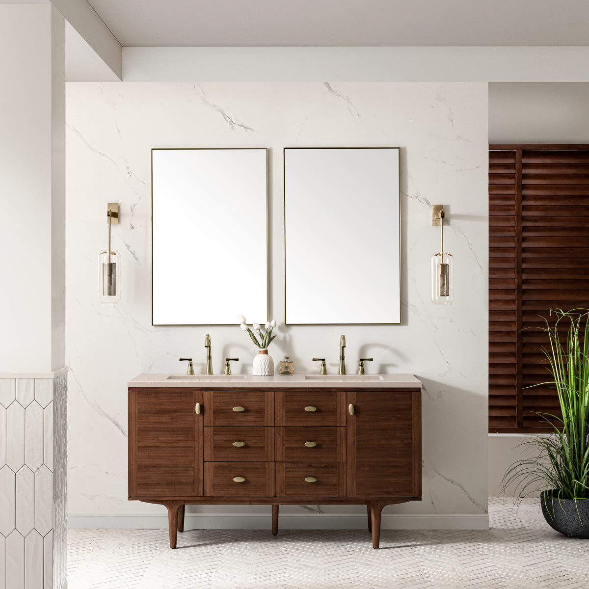 Amberly 60" Double Vanity Cabinet, Mid-Century Walnut