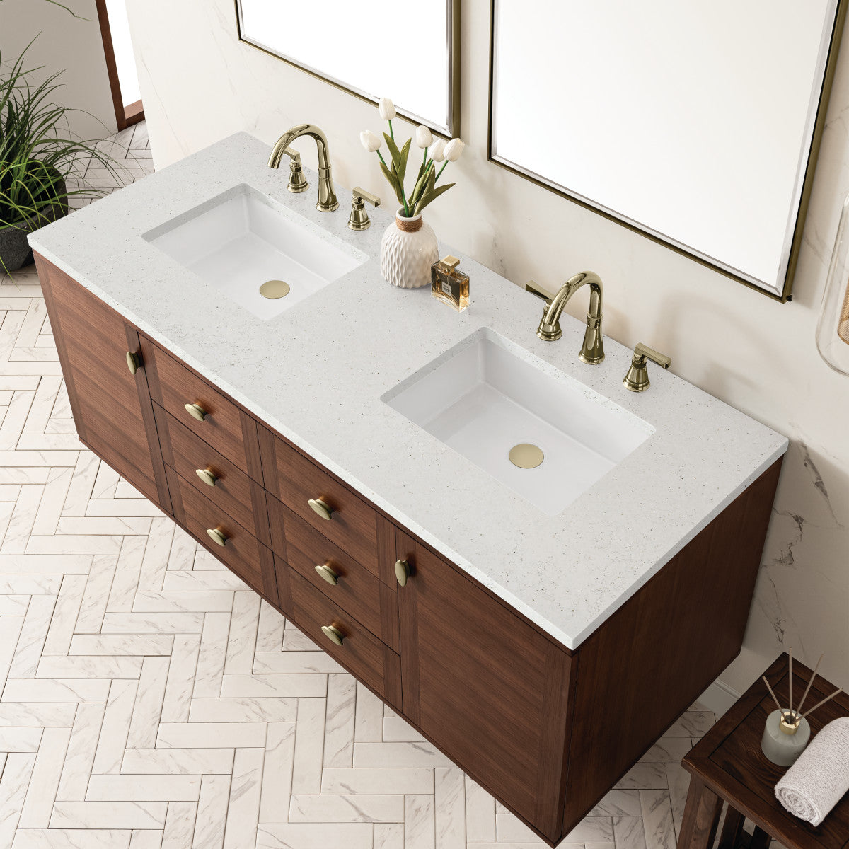 Amberly 60" Double Vanity Cabinet, Mid-Century Walnut