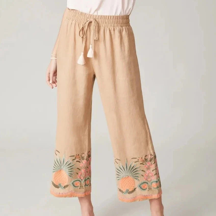 Amelia Embroidered Palazzo Pant - Tannin