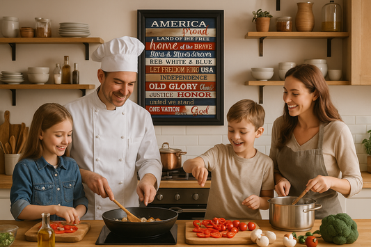 America Sign Family Kitchen Scene