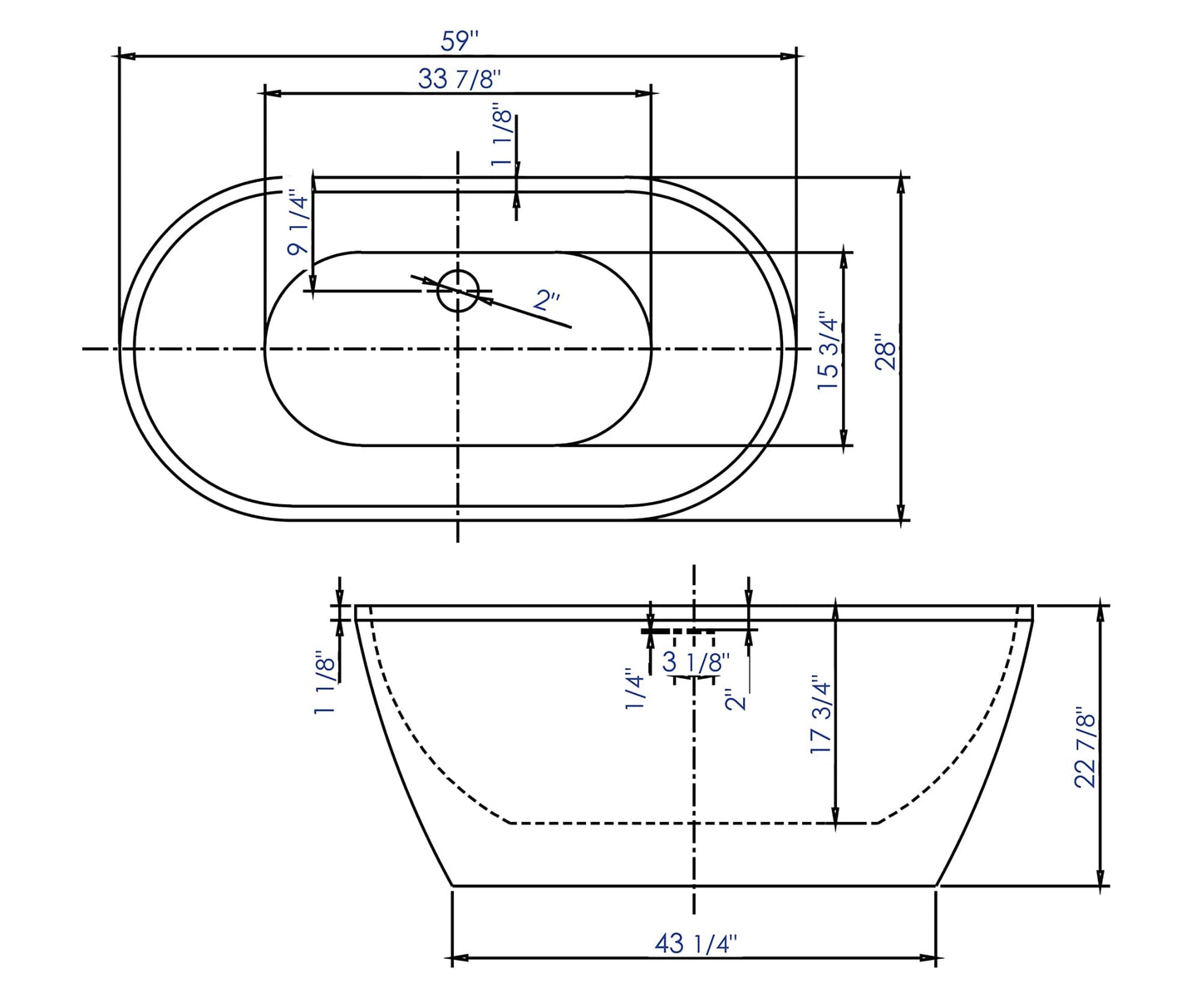 ALFI brand  AB8838 59 inch White Oval Acrylic Free Standing Soaking Bathtub
