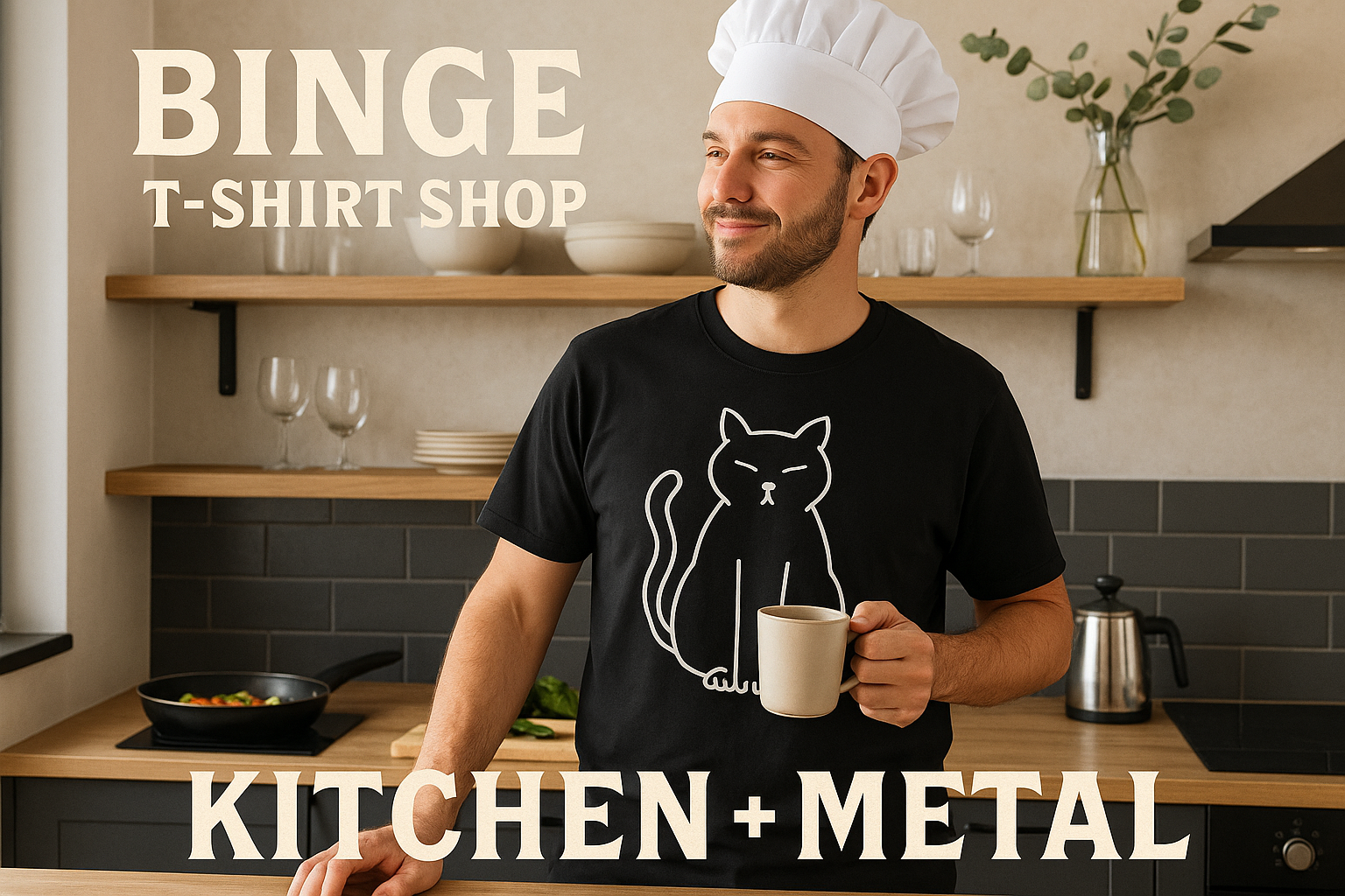 Another high-resolution 300 DPI graphic of a male off-duty chef wearing the black cat t-shirt in a home kitchen with Binge T-shirt Shop and Kitchen + Metal branding