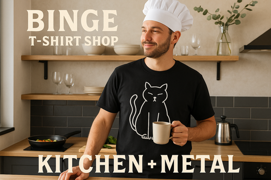 Another high-resolution 300 DPI graphic of a male off-duty chef wearing the black cat t-shirt in a home kitchen with Binge T-shirt Shop and Kitchen + Metal branding