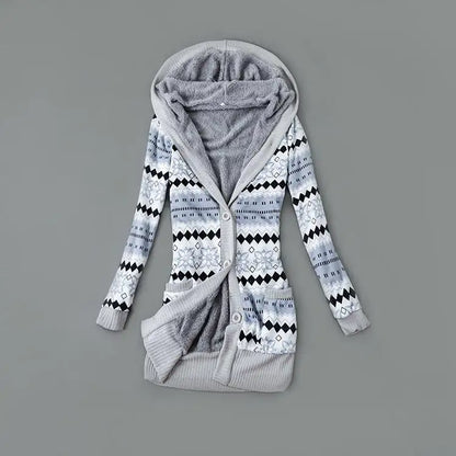 Thick Printed Hooded Knitted Cardigan Jacket