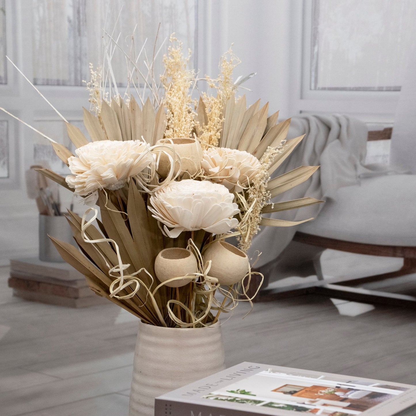 Sola Flower and Natural Palm Bouquet Neutral Coastal Dried Floral Arrangement