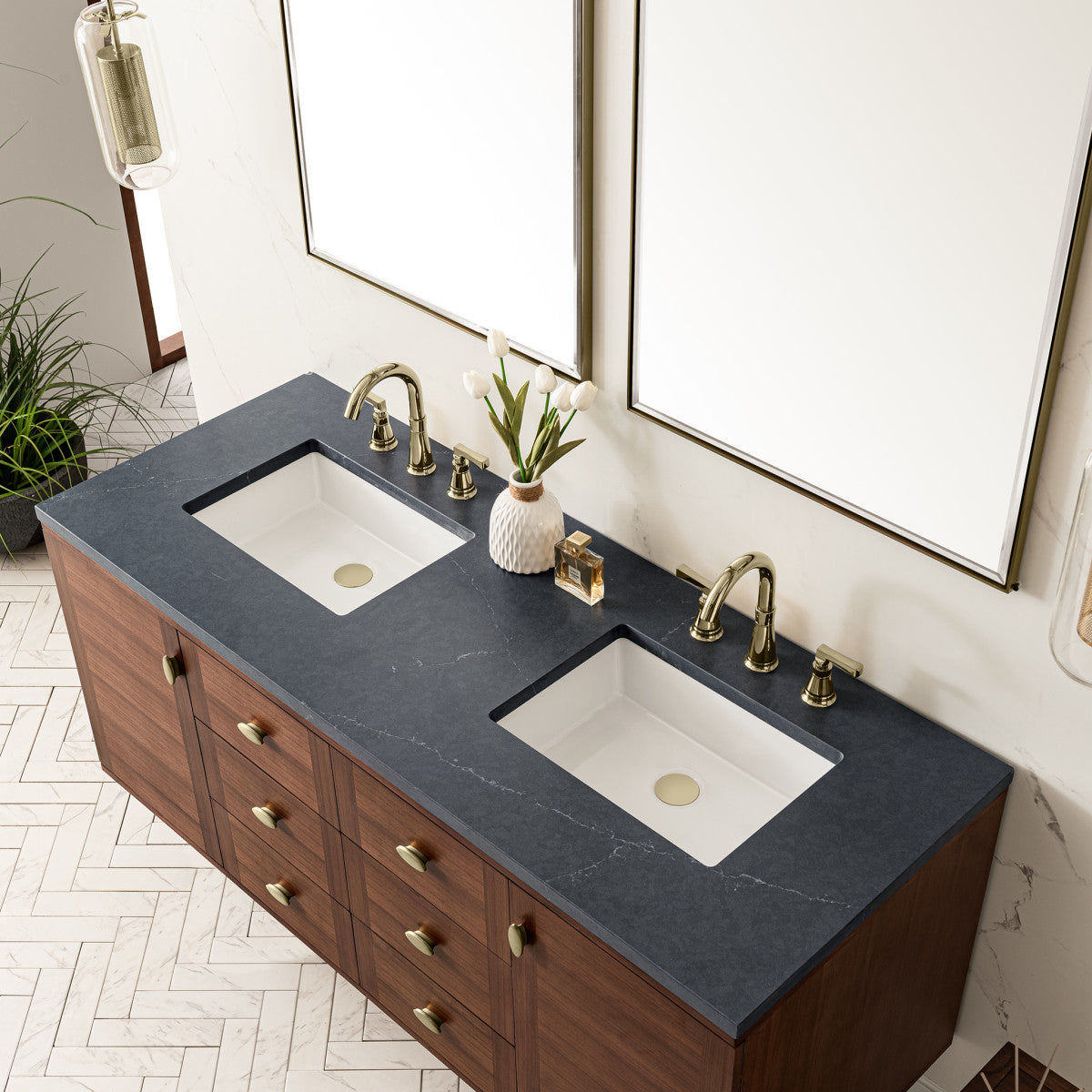 Amberly 60" Double Vanity Cabinet, Mid-Century Walnut