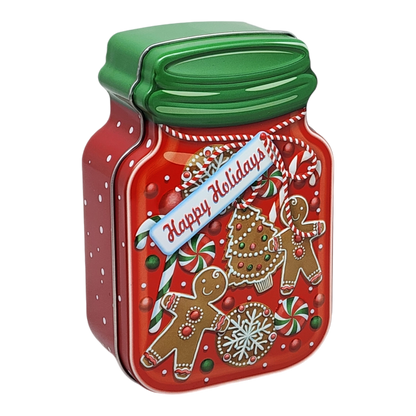 Jar Shaped Christmas Cookie Gift Tin -  Happy Holidays Gingerbread