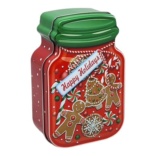 Jar Shaped Christmas Cookie Gift Tin -  Happy Holidays Gingerbread