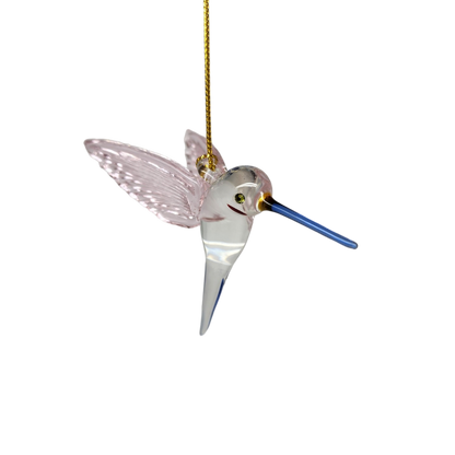 Feeding Hummingbird glass Ornament - Pink Wings / Blue Tail / Blue Beak