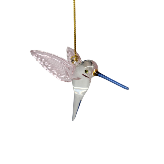 Feeding Hummingbird glass Ornament - Pink Wings / Blue Tail / Blue Beak