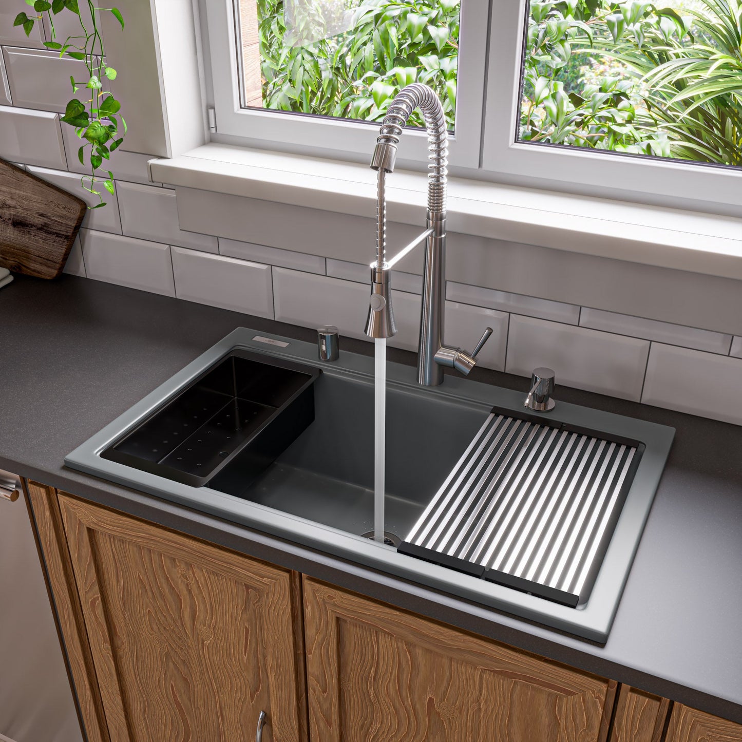 ALFI brand AB3418SBDI 33" Granite Composite Workstation Step Rim Single Bowl Drop In Sink with Accessories