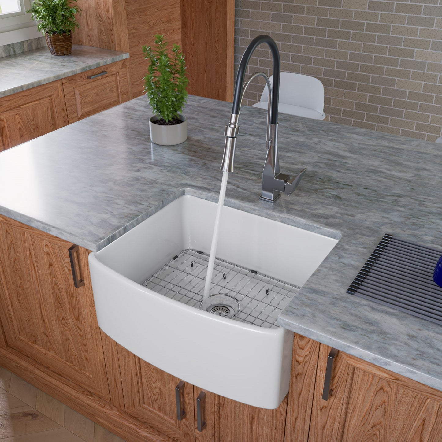 ALFI brand ABFC2420 ABFC2420-W White Smooth Curved Apron 24" x 20" Single Bowl Fireclay Farm Sink with Grid