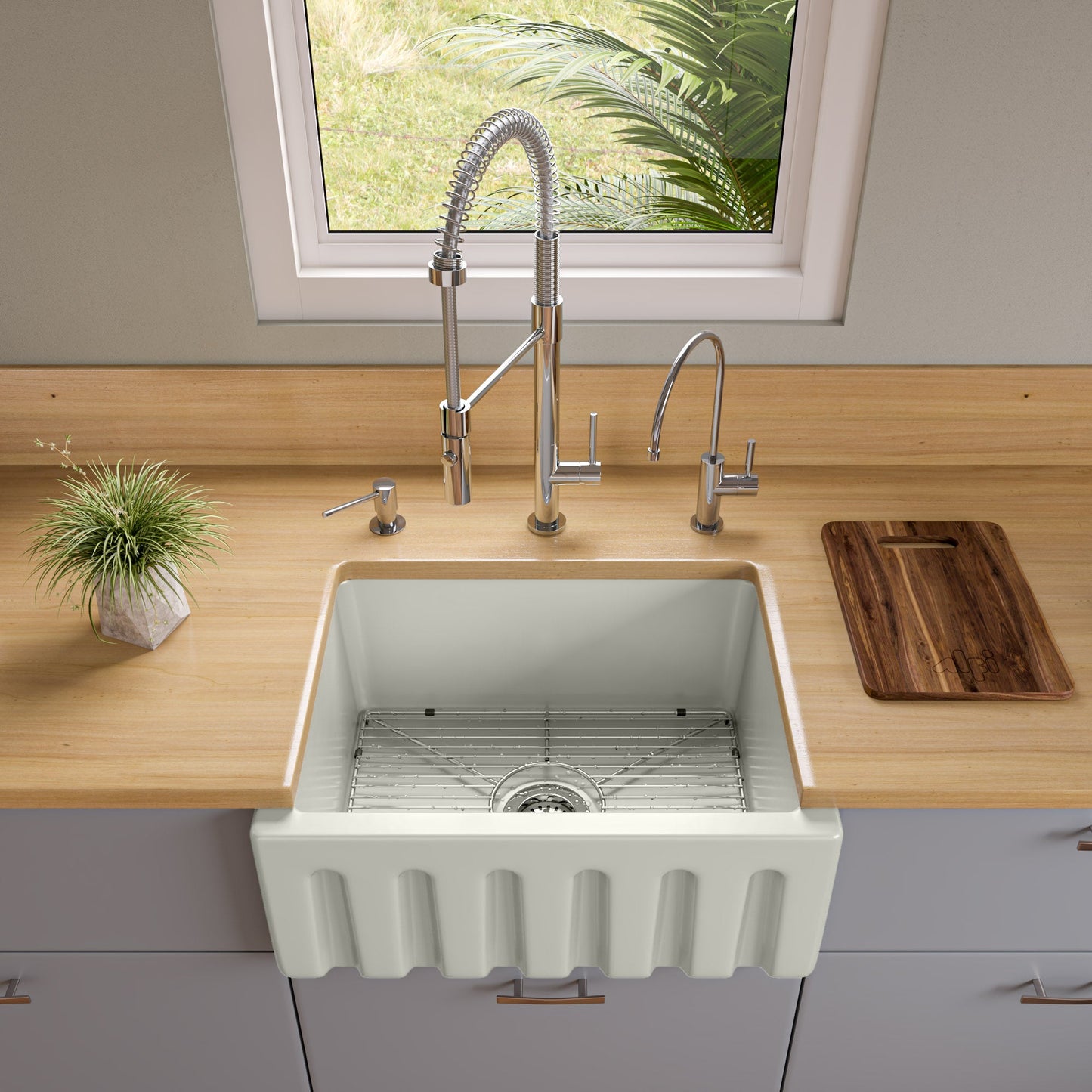 ALFI brand AB2418HS AB2418HS-B 24 inch Biscuit Reversible Smooth / Fluted Single Bowl Fireclay Farm Sink