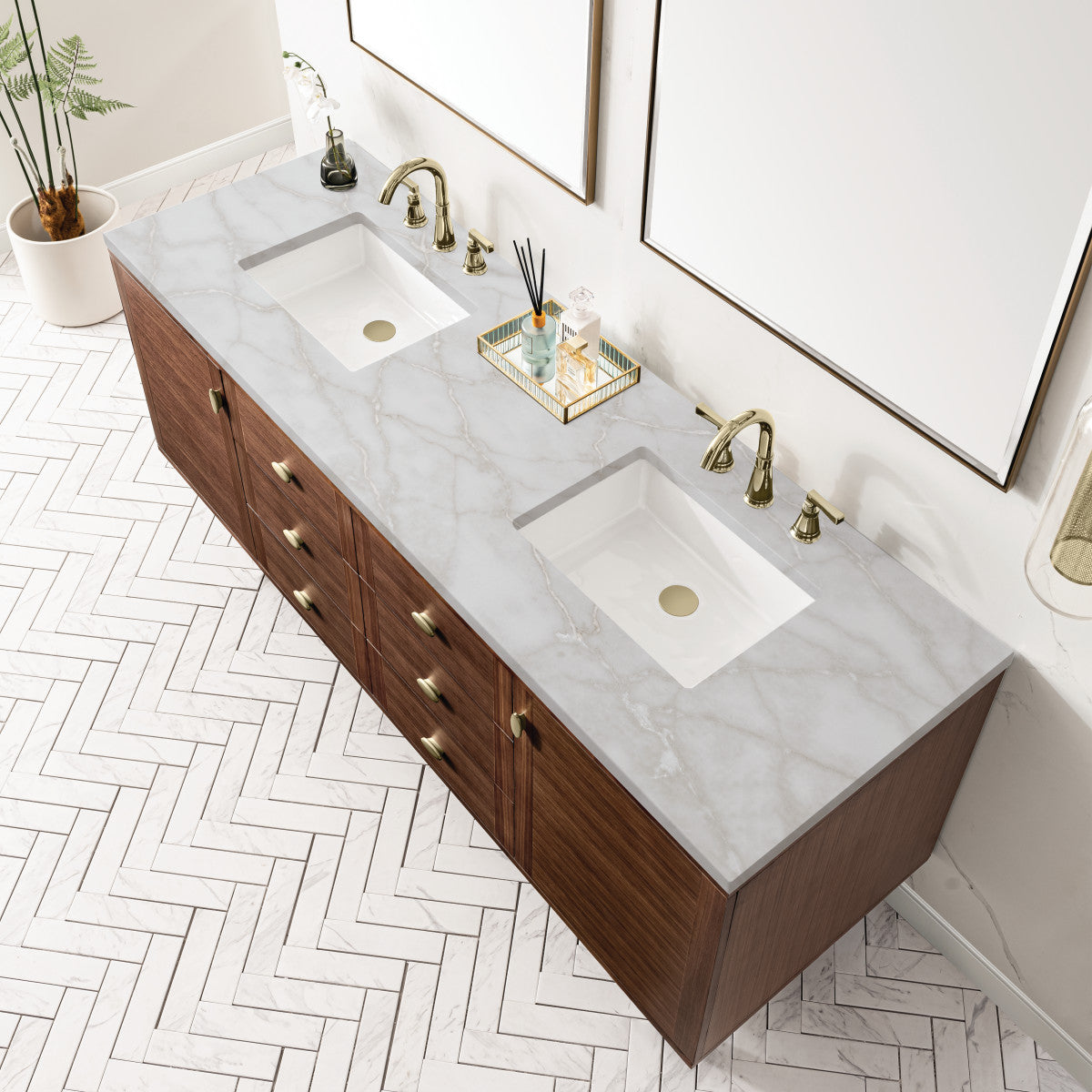 Amberly 72" Double Vanity Cabinet, Mid-Century Walnut