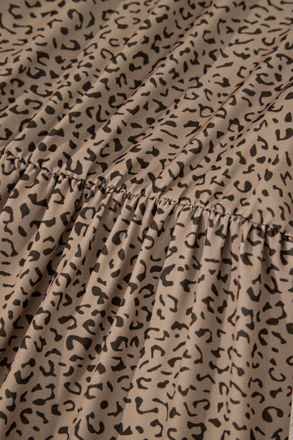 Beige Plus Size Leopard Print Frill Trim Short Sleeve Flared Dress