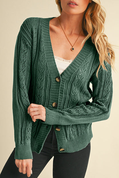 Dark Khaki Cardigan - Hollow Knit Drop Shoulder Style