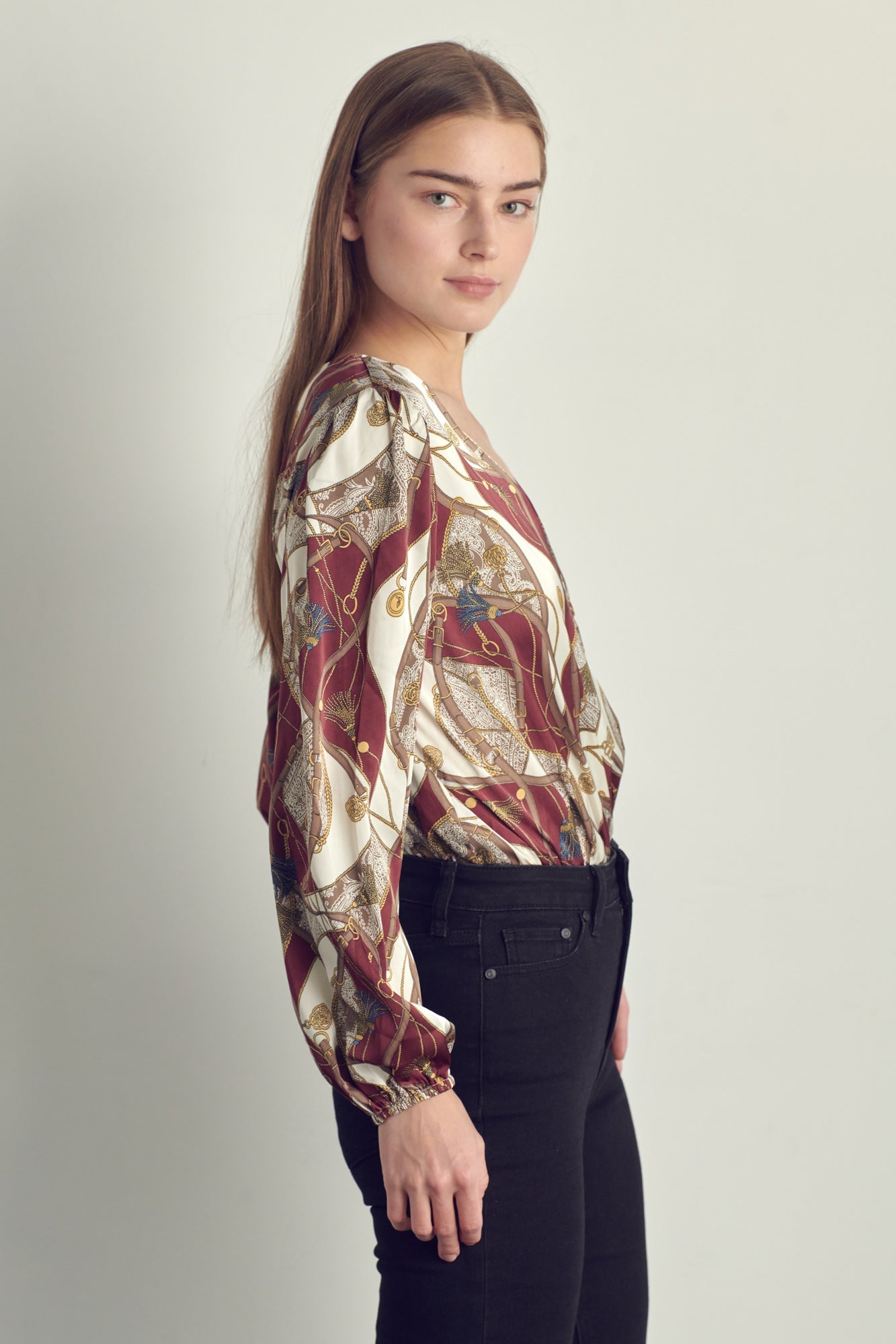 Women's V-Neck Abstract Print Blouse with Long Sleeves | Apparel | Kitchen + Metal