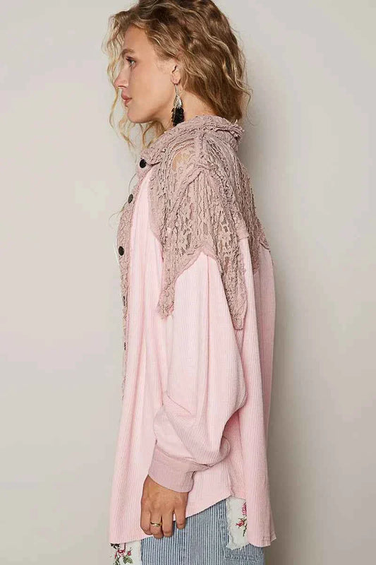POL Lace Patchwork Shacket - Stylish Button-Up Layer Piece