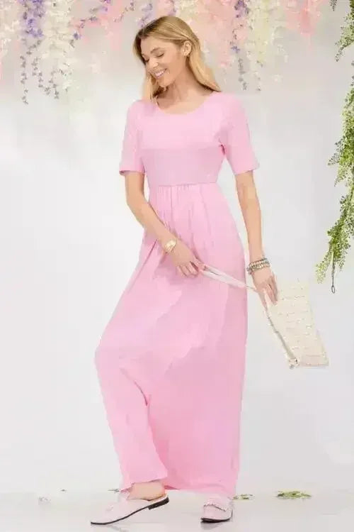Celeste Plus Size Round Neck Short Sleeve Maxi Dress with Pockets