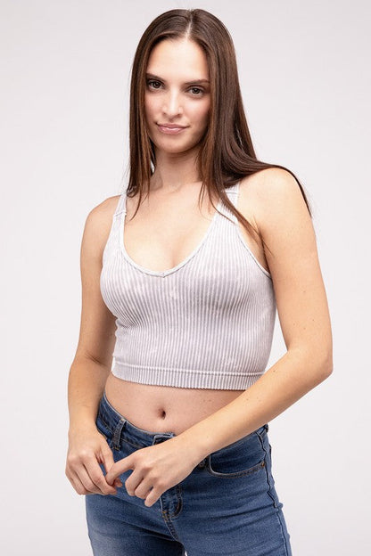ZENANA Washed Ribbed Cropped V-Neck Tank Top