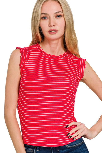 Zenana Ribbed Ruffle Trim Sleeveless Stripe Top in Ruby