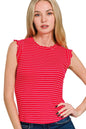 Zenana Ribbed Ruffle Trim Sleeveless Stripe Top in Ruby