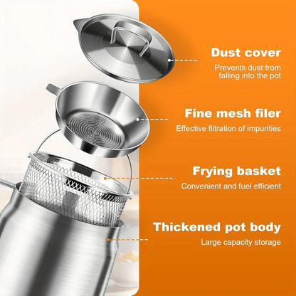 Stainless Steel Oil Filter Pot with Fine Mesh Strainer & Fry Basket – Grease Container for Kitchen Cooking Oil Storage