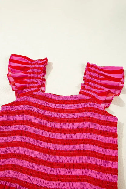 Rose Stripe Ruffle Strap Shirred Bodice Tiered Maxi Dress
