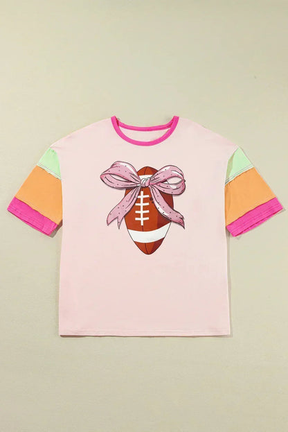 Pink Colorblock Sleeve Rhinestone Bow Football Print T Shirt
