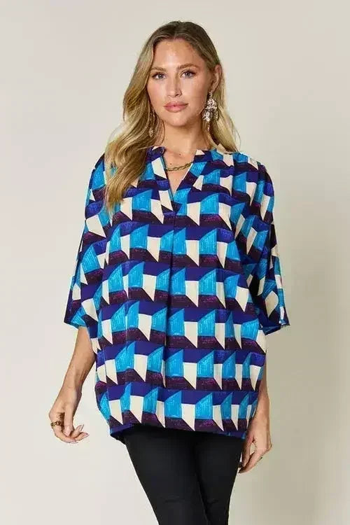 Geometric Notched Sleeve Blouse - Versatile Top | Femstylo