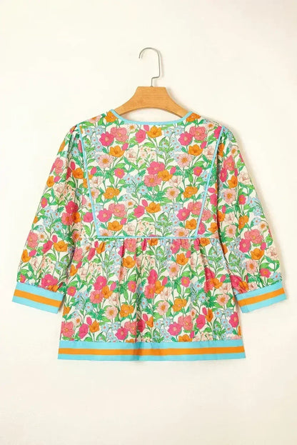 Green Floral Print Striped Trim Puff Sleeve Babydoll Blouse