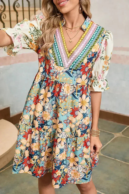 Multicolor Allover Floral Print Tiered Pop of Color Neckline Dress