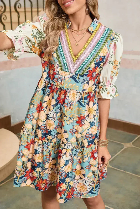 Multicolor Allover Floral Print Tiered Pop of Color Neckline Dress
