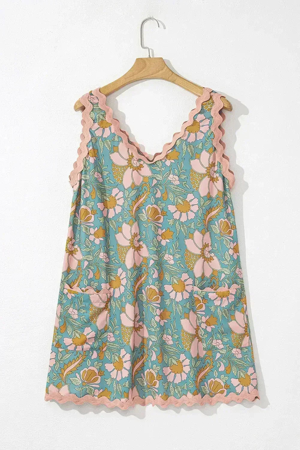 Sky Blue Allover Floral Print Ricrac Sleeveless Boho Mini Dress
