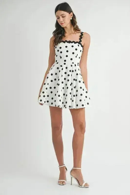 Polka Dot Mini Dress – Ricrac Trim Strap & Smocked Back