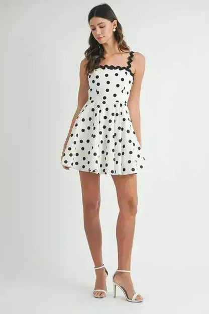 Polka Dot Mini Dress – Ricrac Trim Strap & Smocked Back