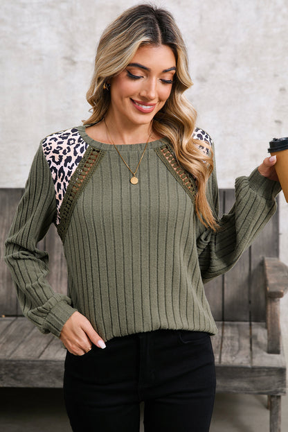 Moss Green Leopard Print Top - Patchwork Crochet Rib Textured Women's Top