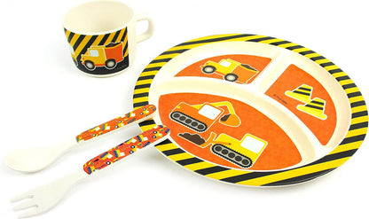 🚧 Construction Trucks 4-Piece Kids Dinnerware Set – Eco-Friendly, Biodegradable Plant Fiber Plate, Cup, Fork & Spoon – BPA-Free, Microwave & Dishwasher Safe – Gift Boxed for Toddlers & Boys