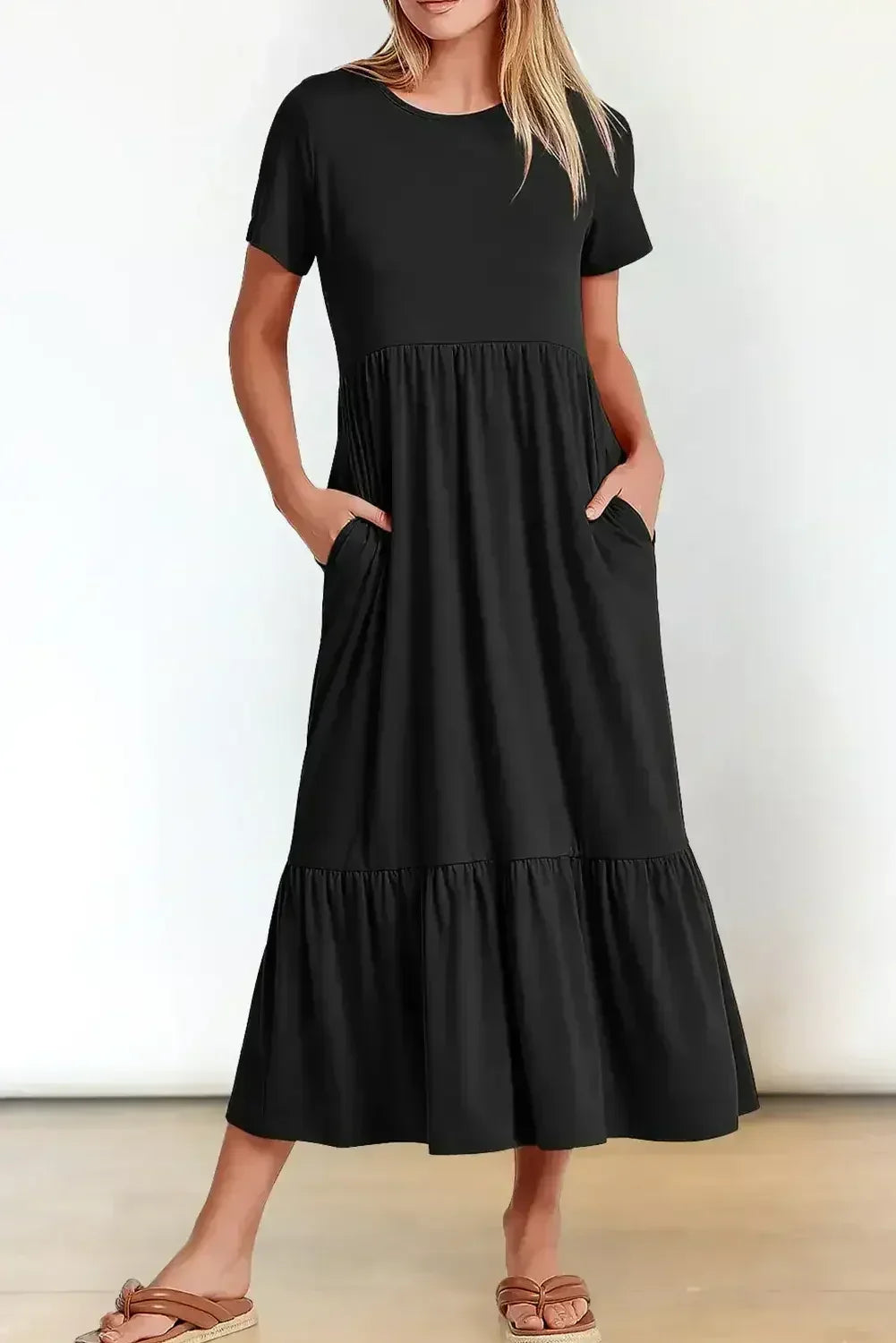 Black Solid Color Short Sleeve High Waist Pocketed Midi Dress