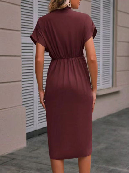 Summer Batwing Sleeve Dress - Stylish V-neck Pleated Short Sleeve Dress for Women